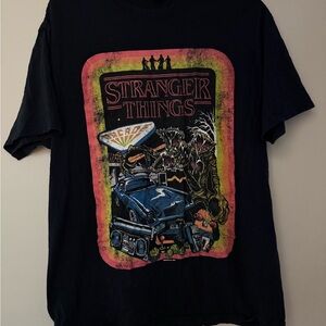 Stranger Things Black Graphic Tee with Retro Multi-Color Print